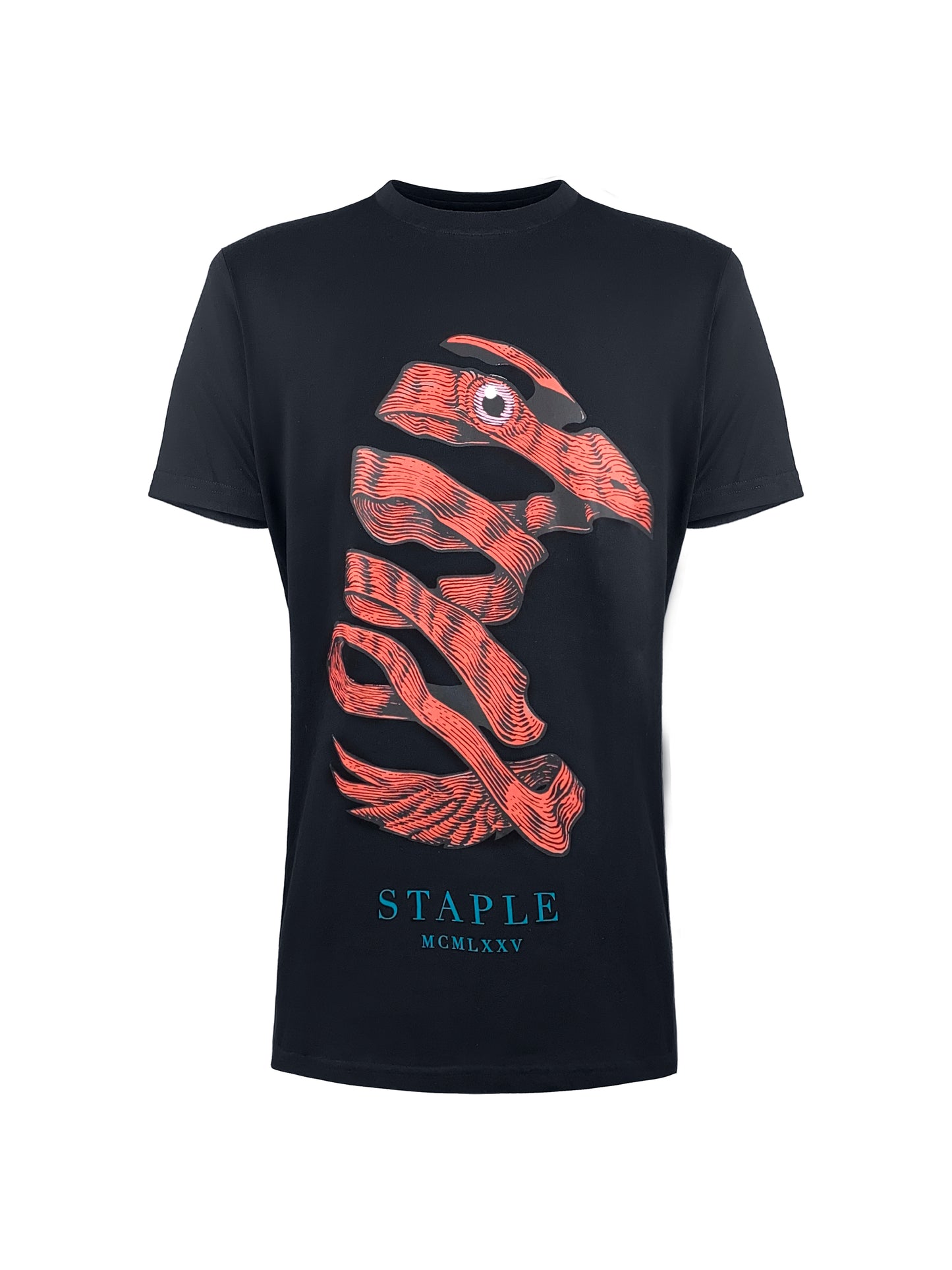 Kunstvolles Tee von Staple, MC. Escher lässt grüßen Details: Kurzarm, T-Shirt mit Rundhalsausschnitt. Der Print zeigt eine rote Taube im MC Escher Design aufgewickelt. Passform: Casual, 124cm Brustbreite