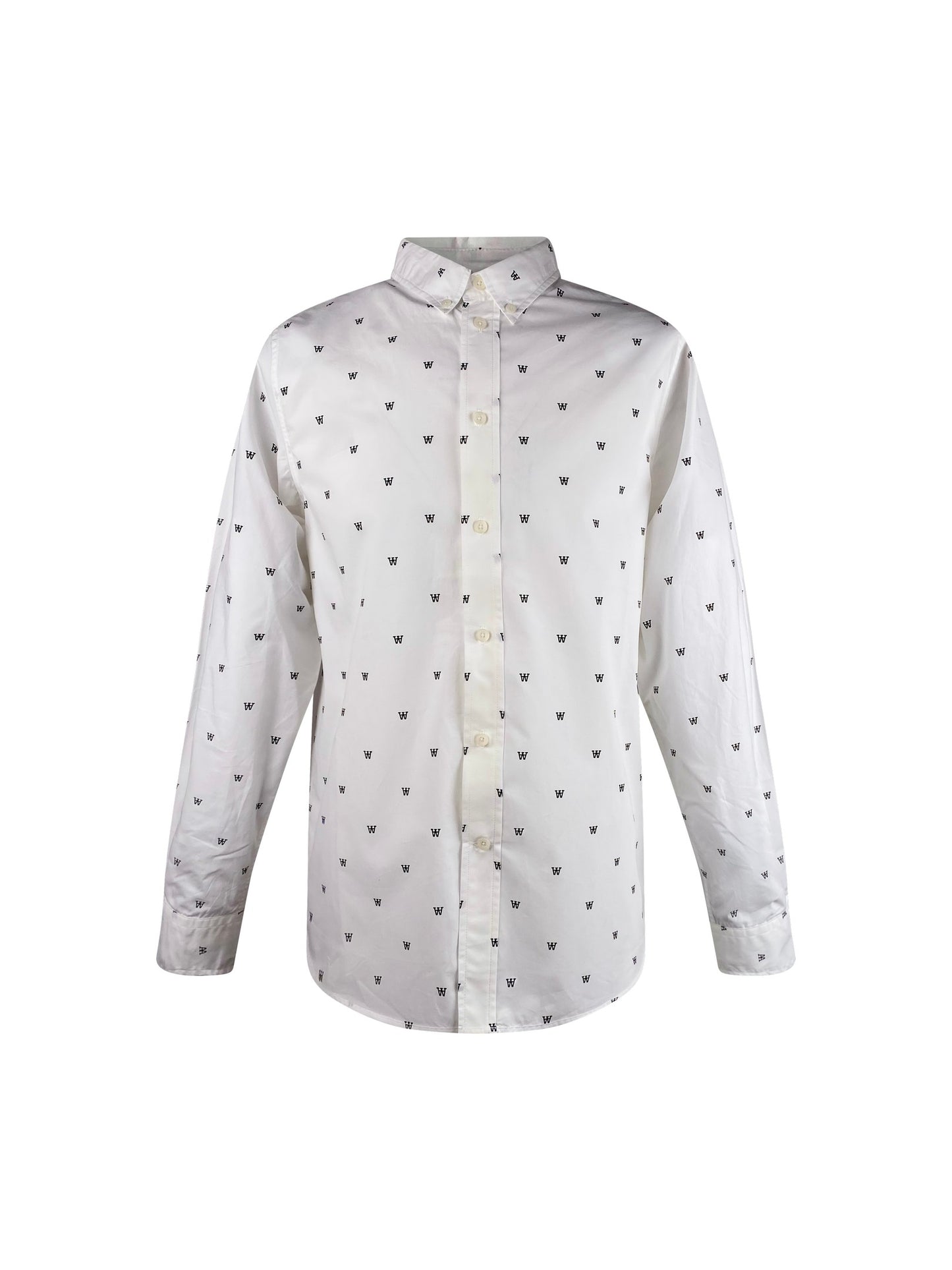 Klassisches Herrenhemd von Wood Wood. Details: Langarm mit Manschette und Schlitz Button Down Kragen weiß mit dem typ. WW- Logo allover in schwarz