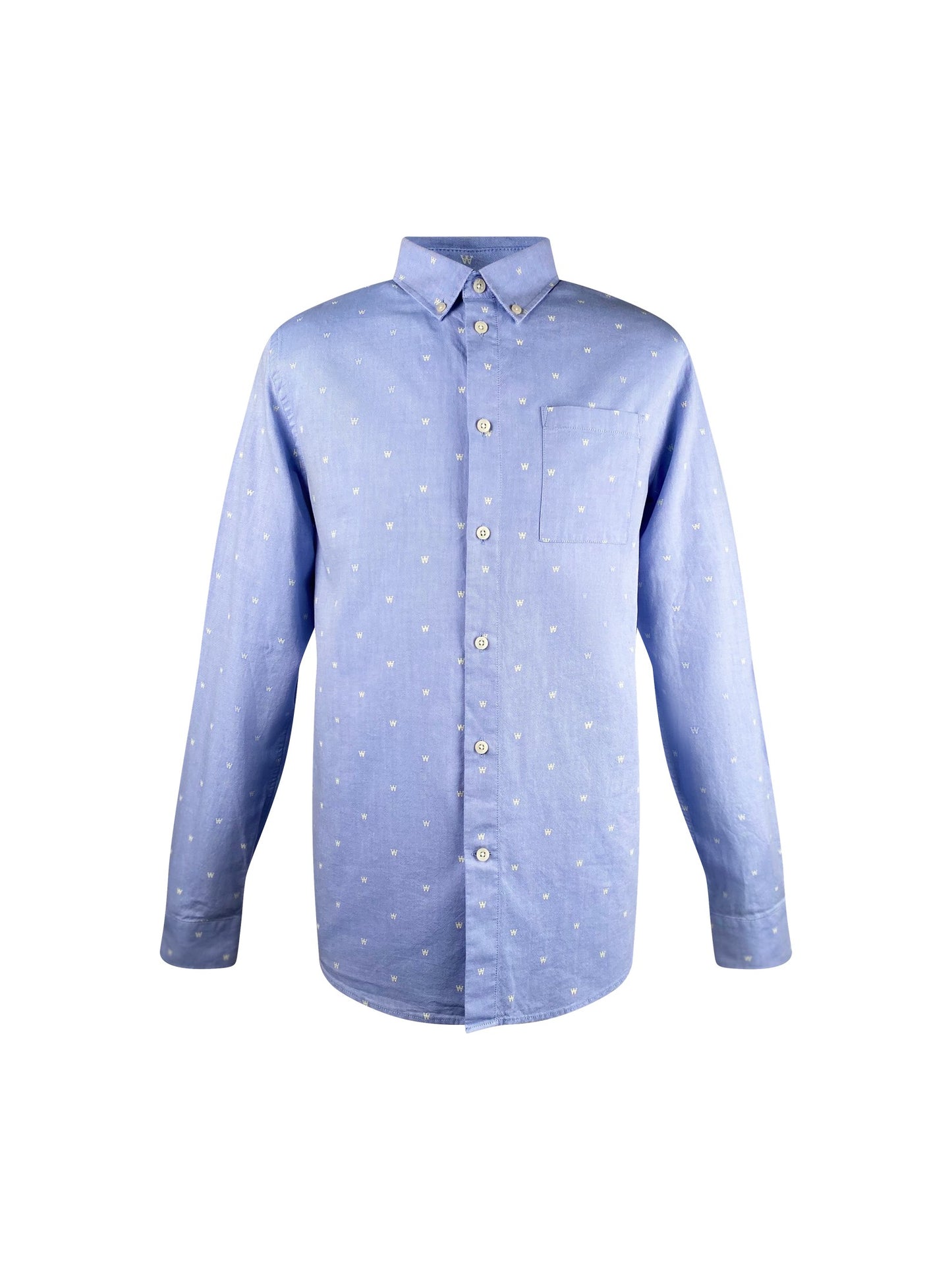 Klassisches Herrenhemd von Wood Wood. Details: Langarm mit Manschette und Schlitz Button Down Kragen Hellblau mit dem typ. WW- Logo allover in weiß