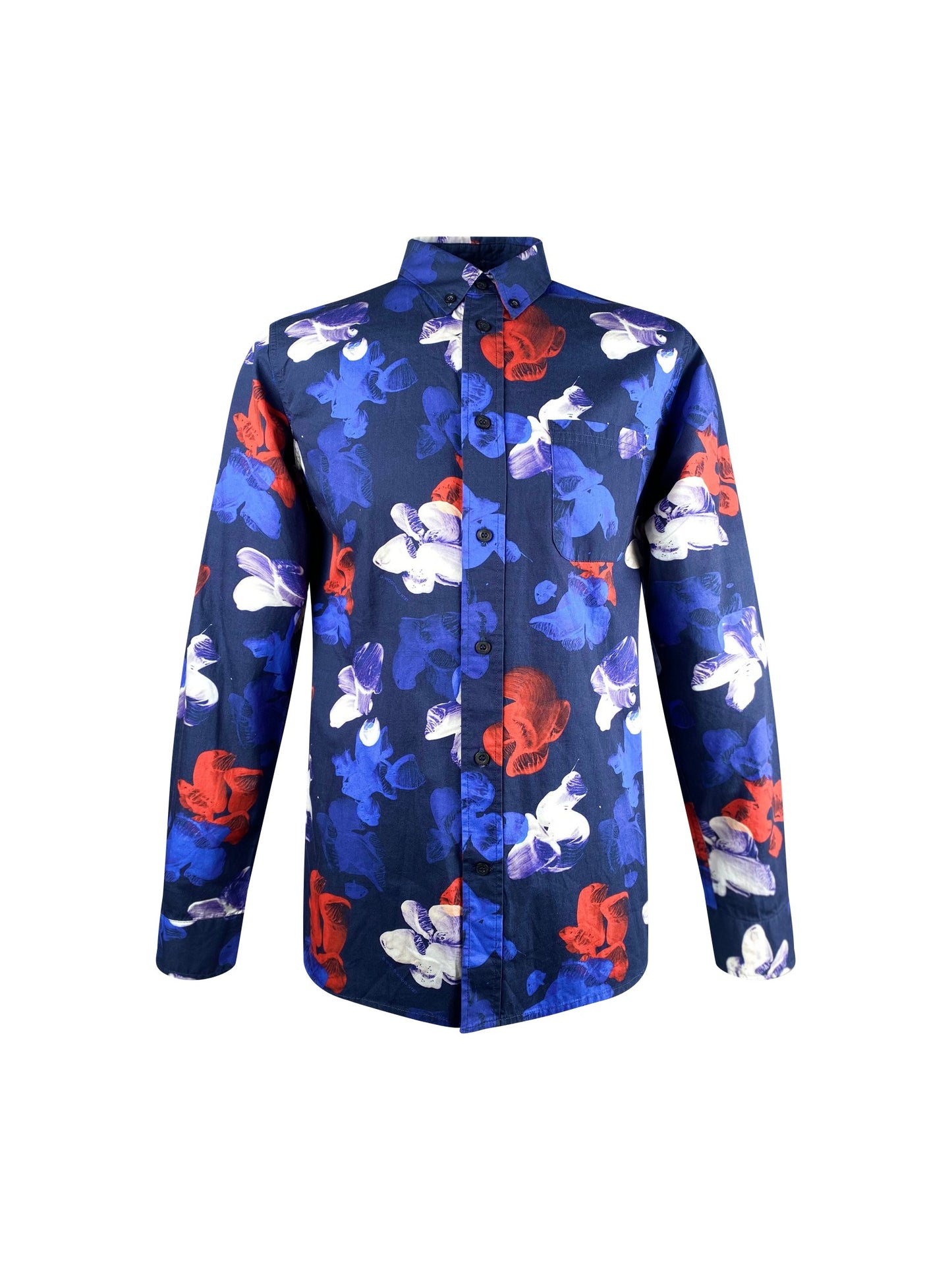 Wood Wood Hemd “Paradinski Shirt” -blueKlassisches Herrenhemd von Wood Wood. Details: Langarm mit Manschette und Schlitz Button Down Kragen blau mit Blumen allover in weiß, blau, rot