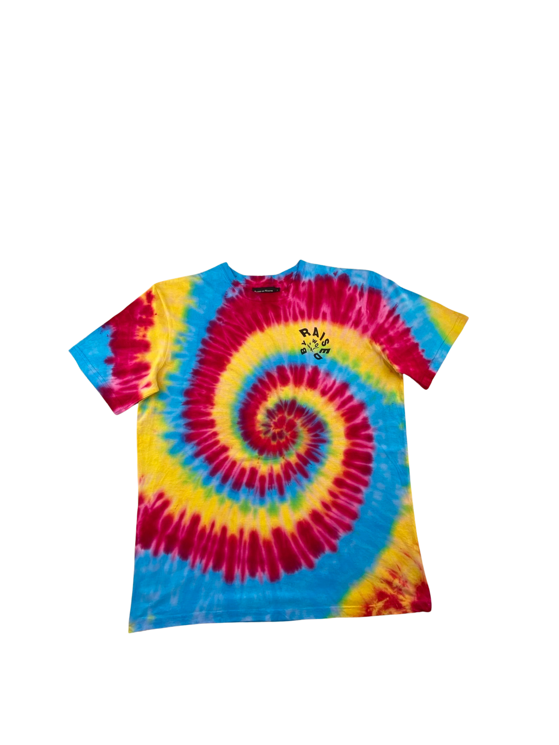 Raised by Wolves Tee "Spiral" -multi, T-Shirt von der Marke:raised by wolves, in gelb, rot und blau geht hier eine spiralförmige Batik überlass fertig genähte Shirt, Streetwear