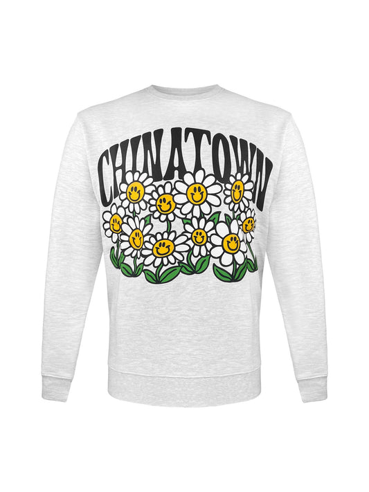 Chinatown Market Sweater “Smiley Flower Power” - Ash Grey