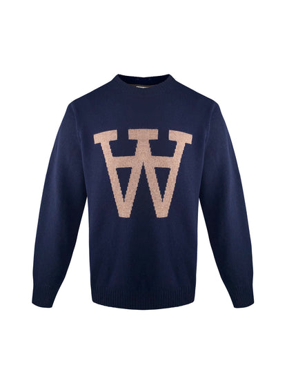 Wood Wood Strickpullover „ Yale Sweater“ -dark navy, mit AA Motiv in blau/braun