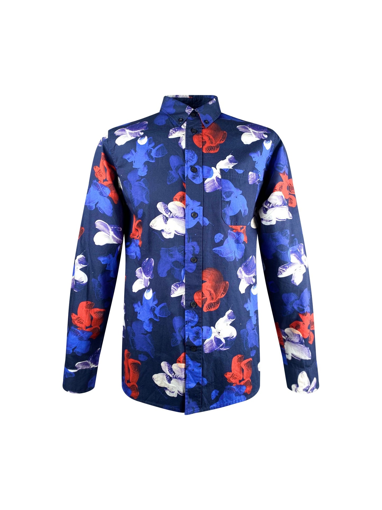 Wood Wood Hemd “Paradinski Shirt” -blueKlassisches Herrenhemd von Wood Wood.  Details:   Langarm mit Manschette und Schlitz Button Down Kragen blau mit  Blumen allover in weiß, blau, rot